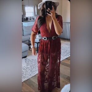 Eleter Women's Deep V-Neck Lace Romper Short Sleeve Long Dress